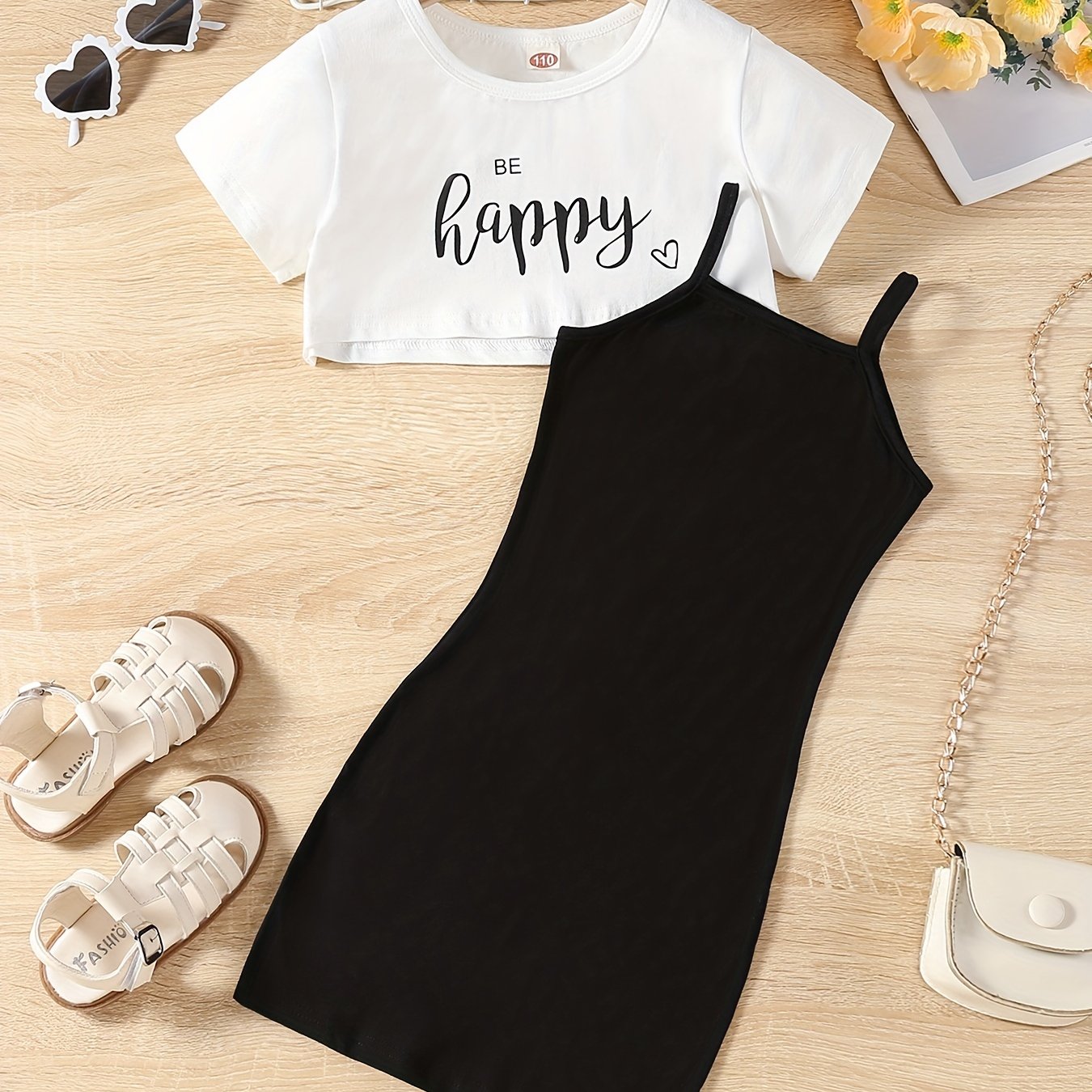 2pcs Toddler Girls BE HAPPY Graphic T Shirts & Cami Dress Set