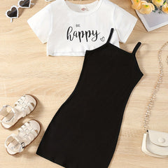 2pcs Toddler Girls BE HAPPY Graphic T Shirts & Cami Dress Set