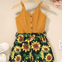 Toddler Girls Sunflower Graphic Cami Romper with Belt