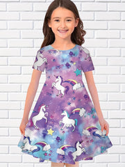 Girls Summer Unicorn Long Dress Short Sleeve Princess Dress
