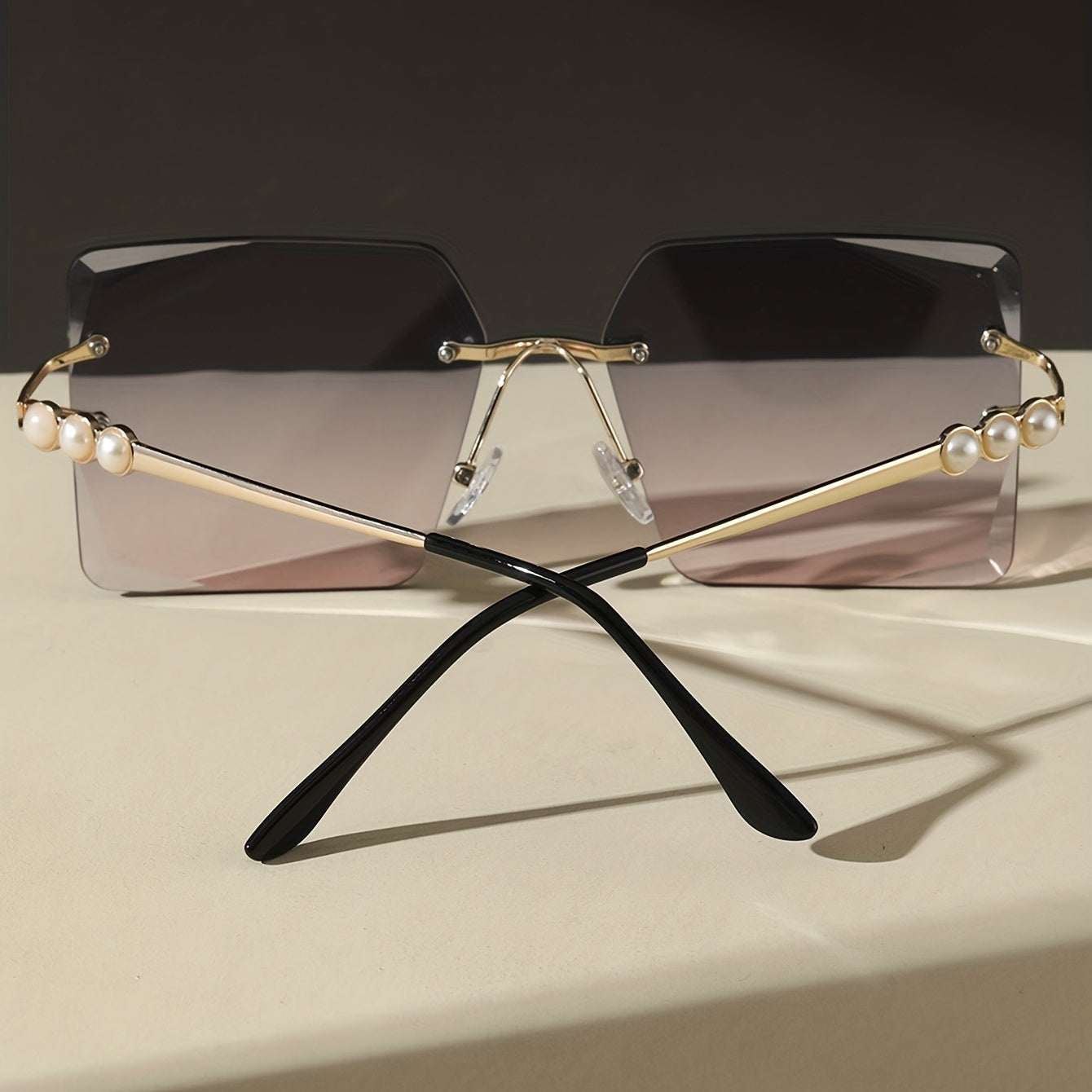 Oversized Rimless Sunglasses Summer Gradient Faux Pearl UV400 Sunnies