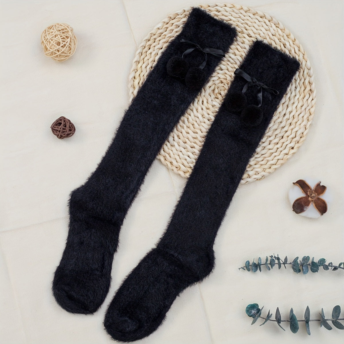 Pompom Decor Knee High Socks Women's Stockings