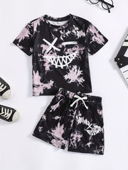 Boys Face Graphic Outfit Round Neck T shirt & Shorts For Summer Kids Clothes