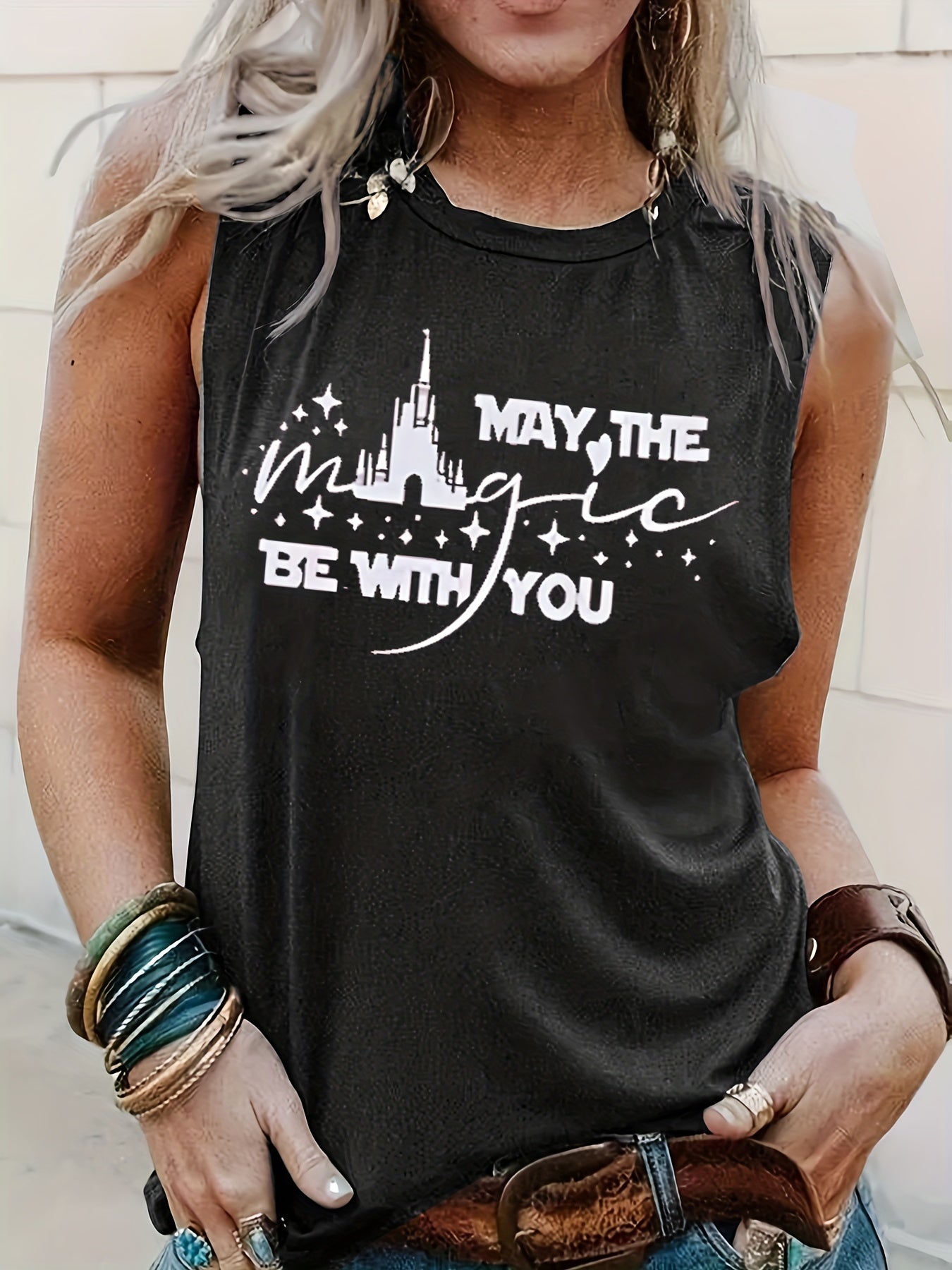 Castle & Letter Print Tank Top Women's Clothing
