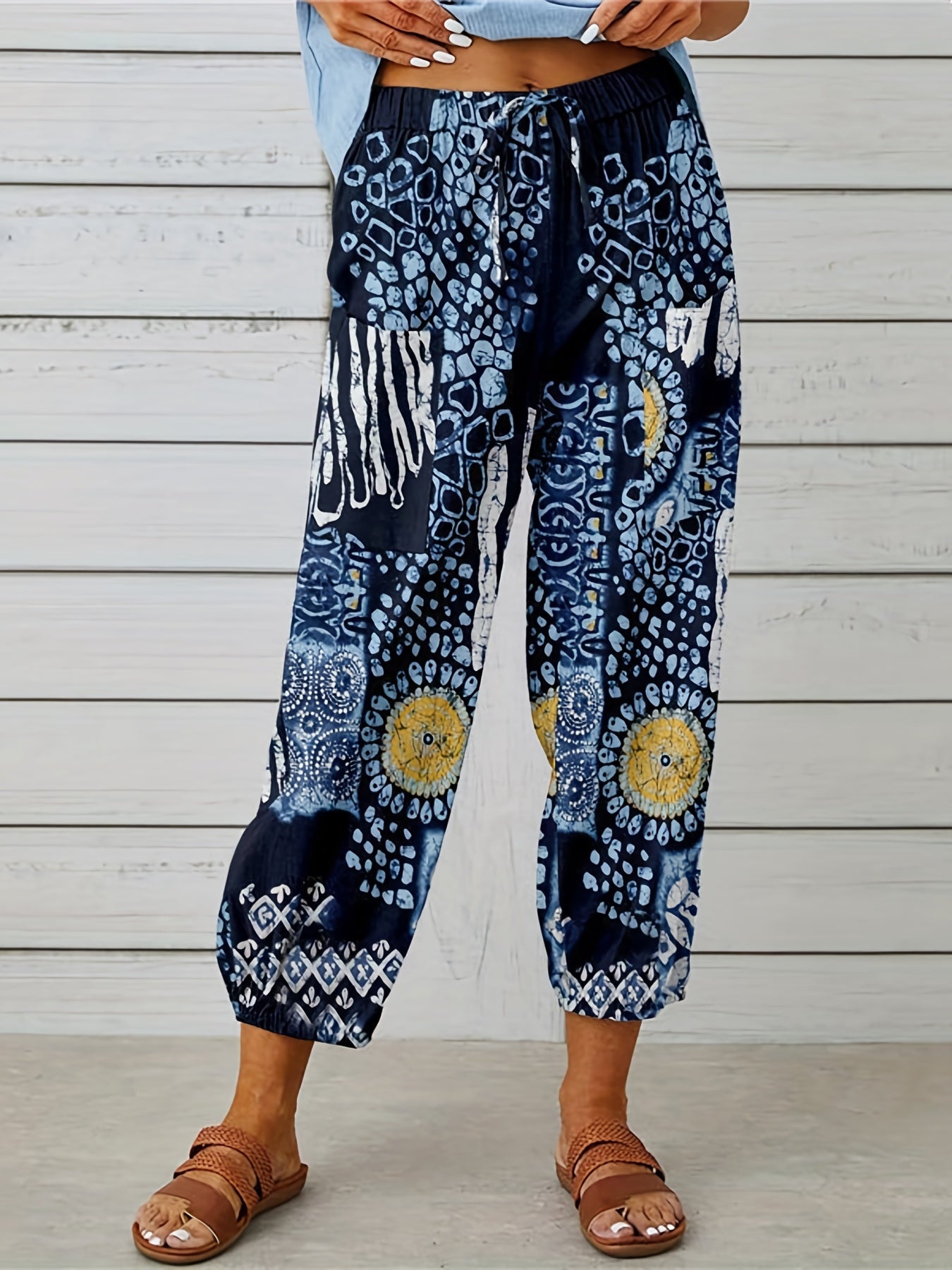 Graphic Print Tie Waist Pants Boho Summer Cropped Pants With Pockets
