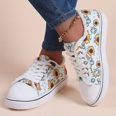 Sunflower Print Canvas Lace Up Sneakers Women