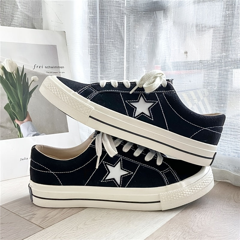 Women's Star Pattern Canvas Shoes Low Top Lace Up Round Toe Flat Casual Shoes
