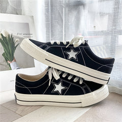 Women's Star Pattern Canvas Shoes Low Top Lace Up Round Toe Flat Casual Shoes