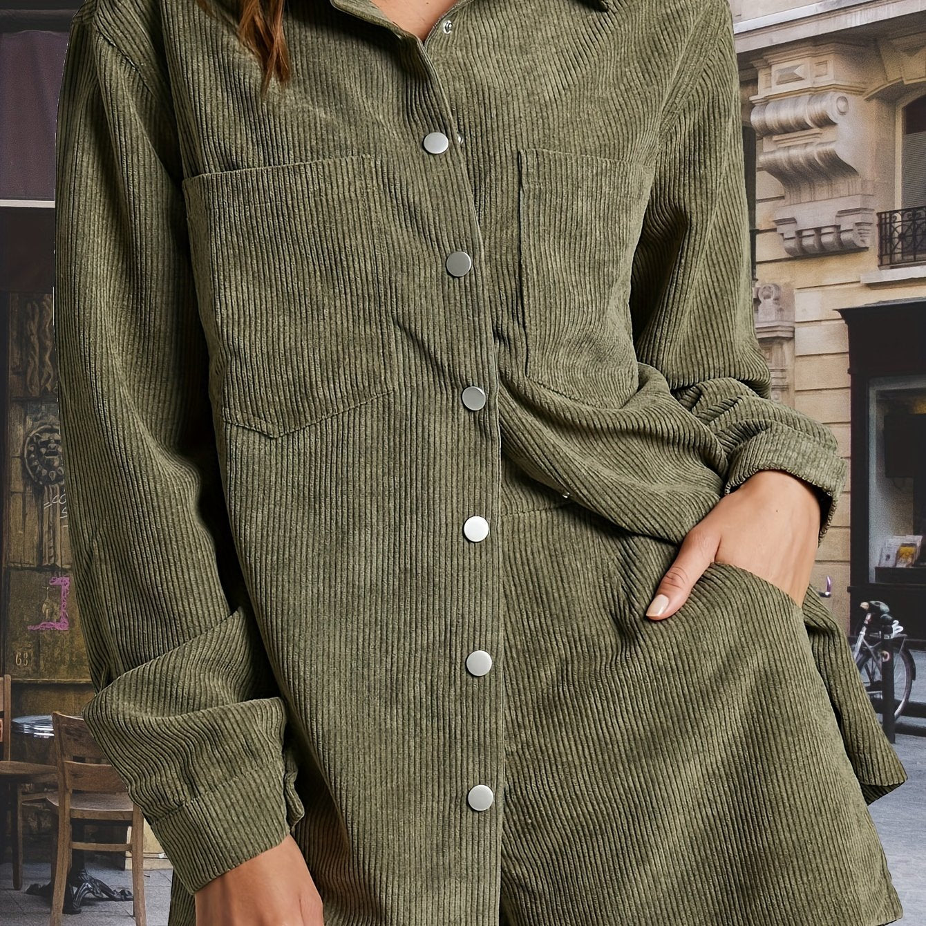 Plus Solid Long Sleeve Corduroy Shirt & Shorts Set