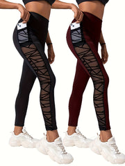 2pcs Mesh Insert Yoga Leggings With Pocket High Waist Sports Tight Pants