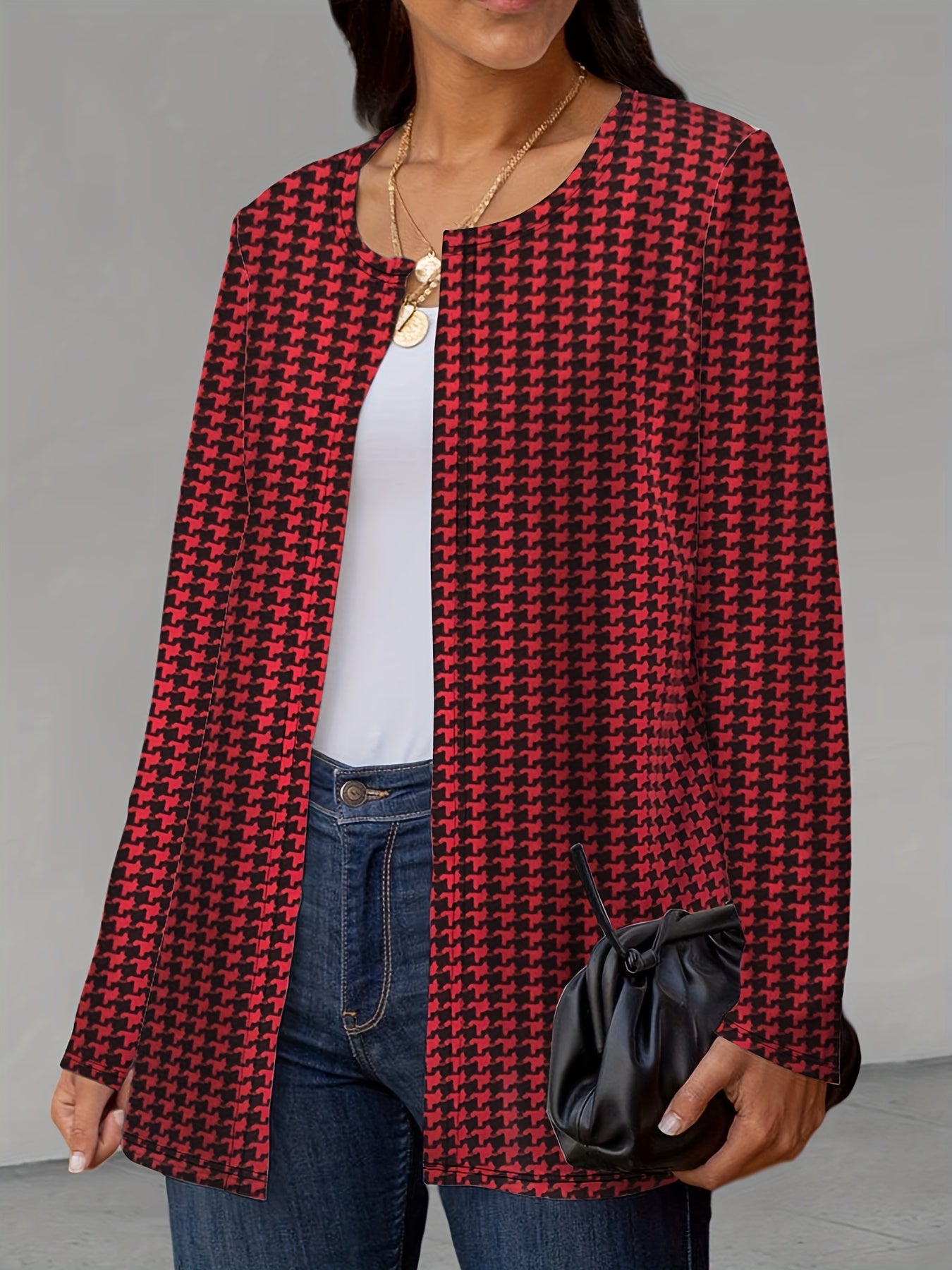 Houndstooth Print Open Front Jacket Long Sleeve Outerwear