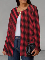 Houndstooth Print Open Front Jacket Long Sleeve Outerwear