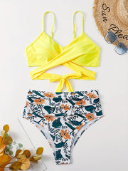 Criss Cross V Neck Tie Back 2 Piece Swimsuit High Cut Spaghetti Straps Bikini