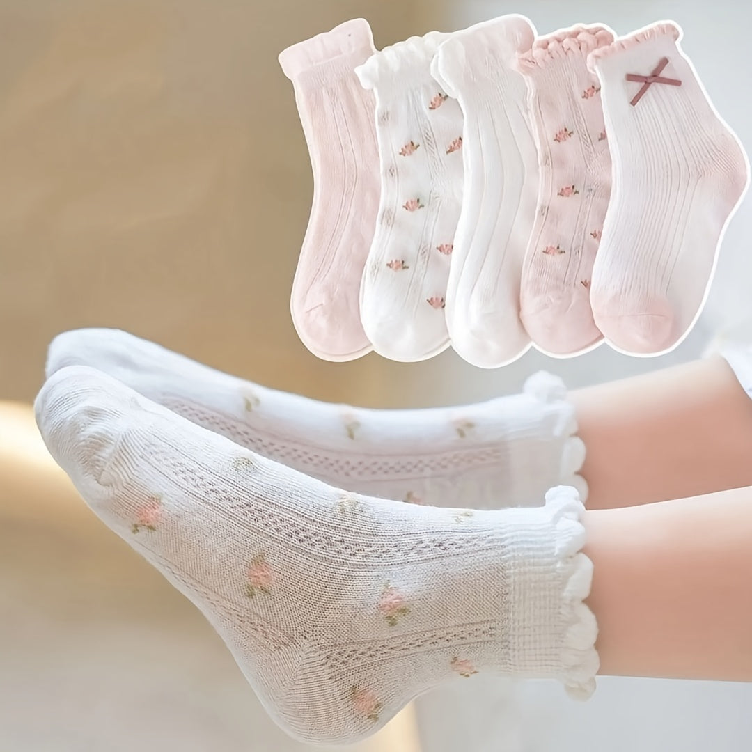 5 Pairs Girl's Cartoon Knitted Crew Socks, Comfy Breathable Soft Outdoor Wear