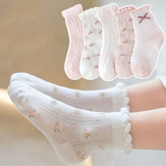5 Pairs Girl's Cartoon Knitted Crew Socks, Comfy Breathable Soft Outdoor Wear