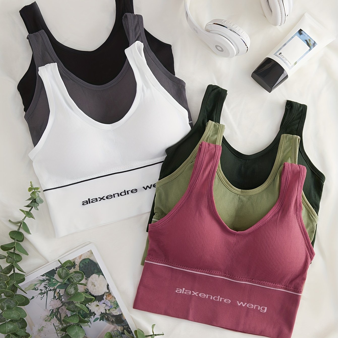 6pcs Letter Print Sports Bras, Breathable Running Workout Bra