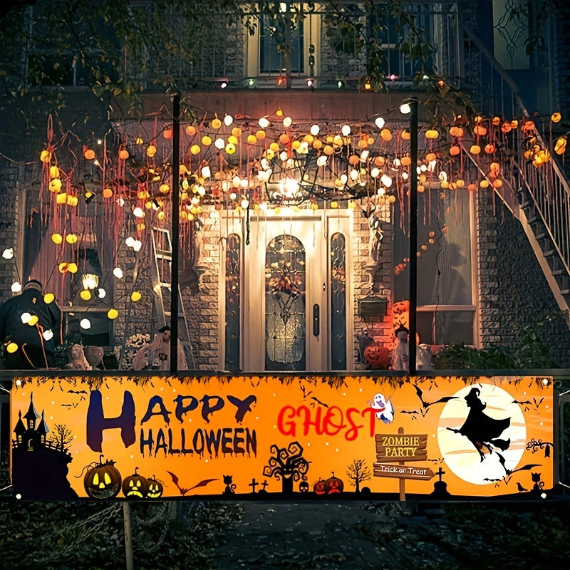 Large Happy Halloween Banner Graveyard Background Orange Party Decoration