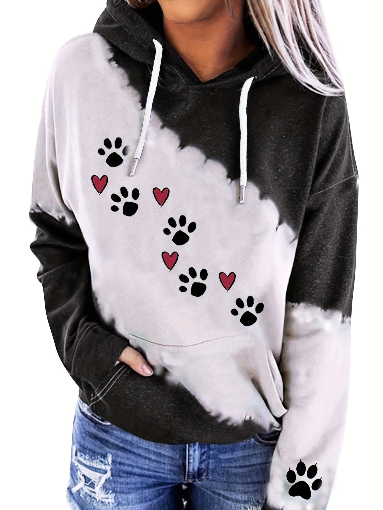 Paw & Heart Print Hoodie Drawstring Sweatshirt
