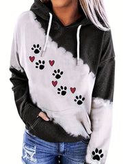 Paw & Heart Print Hoodie Drawstring Sweatshirt