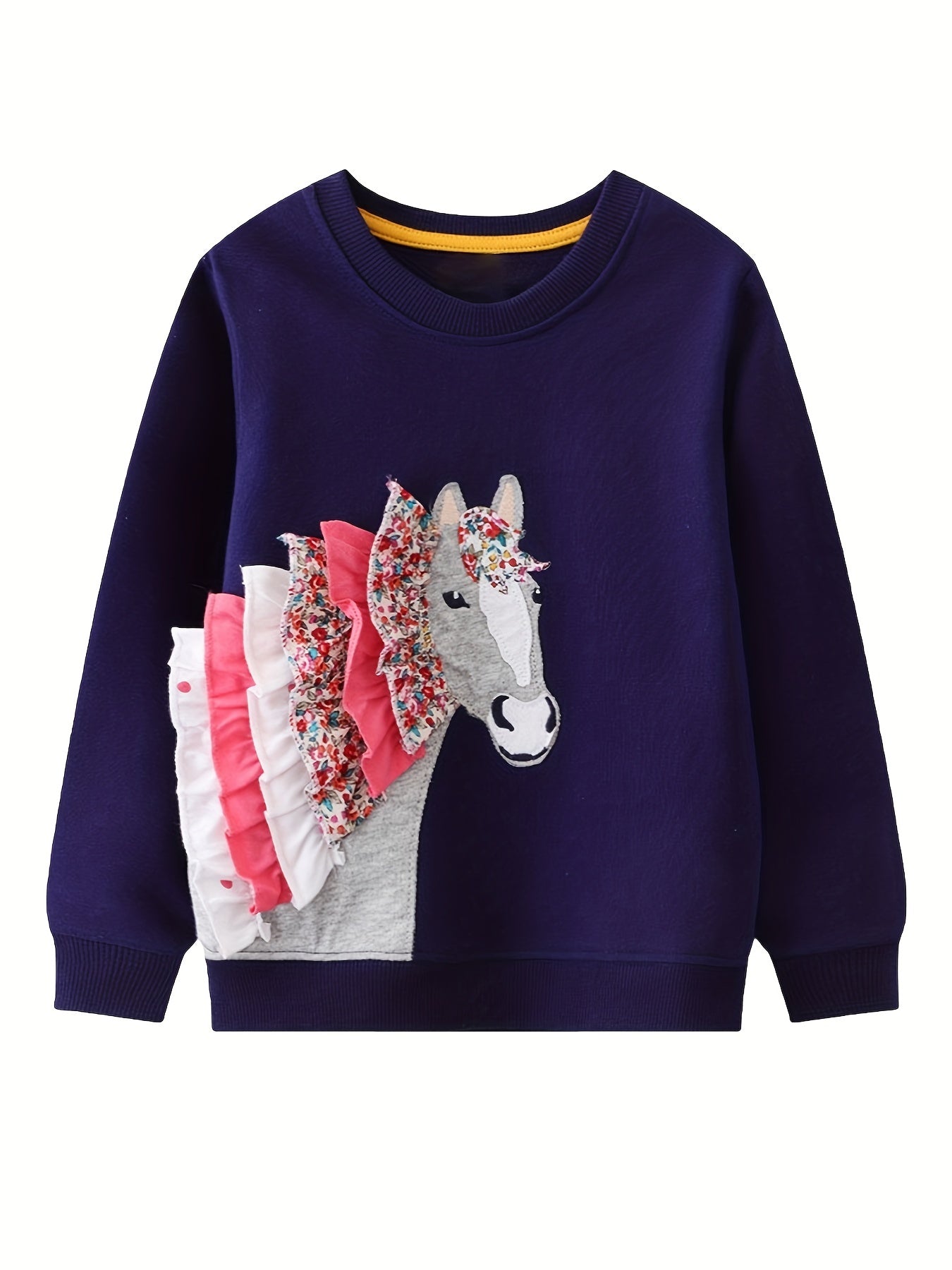 Girls Horse Patch Pattern Crew Neck Sweatshirt Top Pullovers