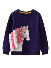 Girls Horse Patch Pattern Crew Neck Sweatshirt Top Pullovers