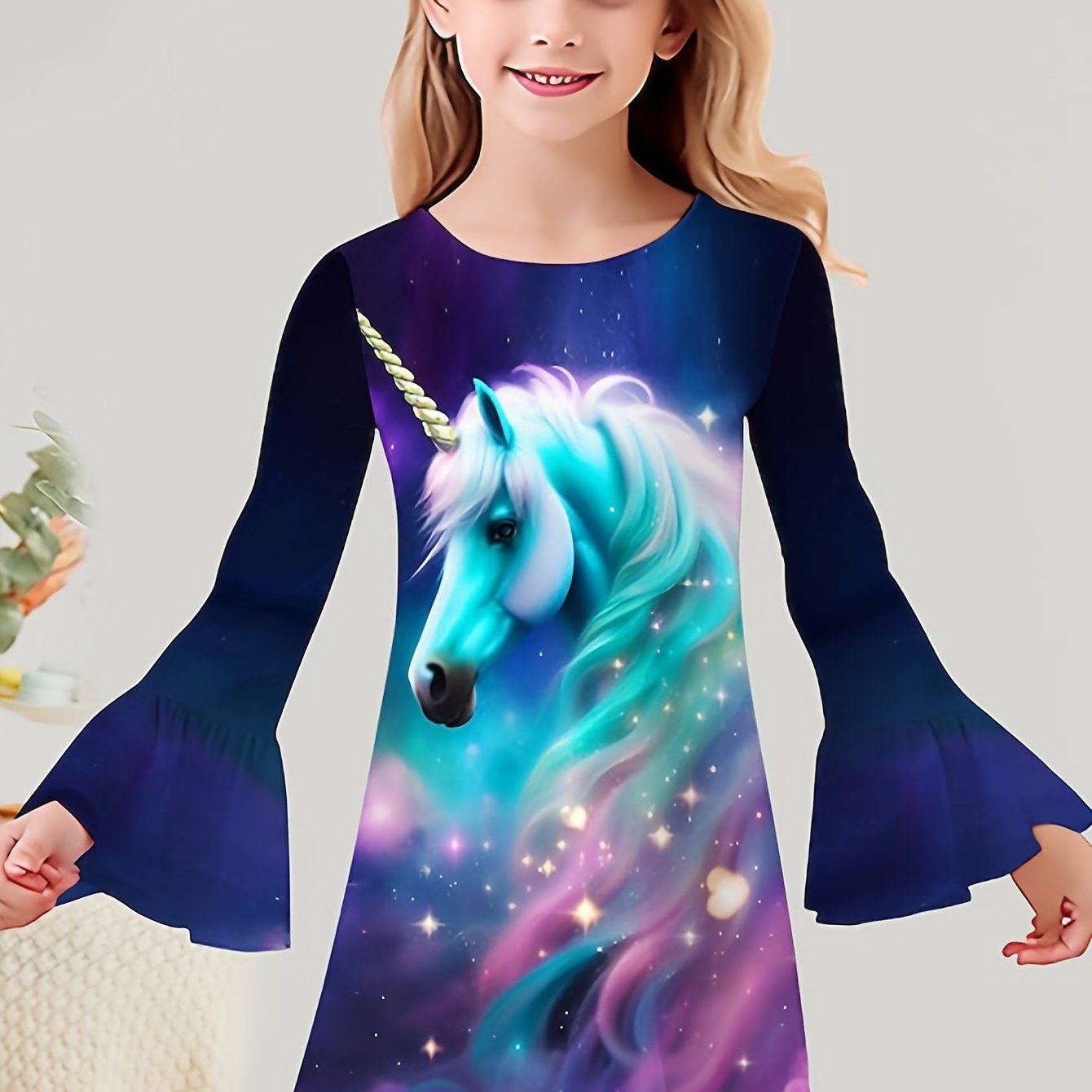 Dreamy Unicorn Graphic Crew Neck Long Sleeve Dress For Girls