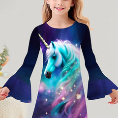 Dreamy Unicorn Graphic Crew Neck Long Sleeve Dress For Girls