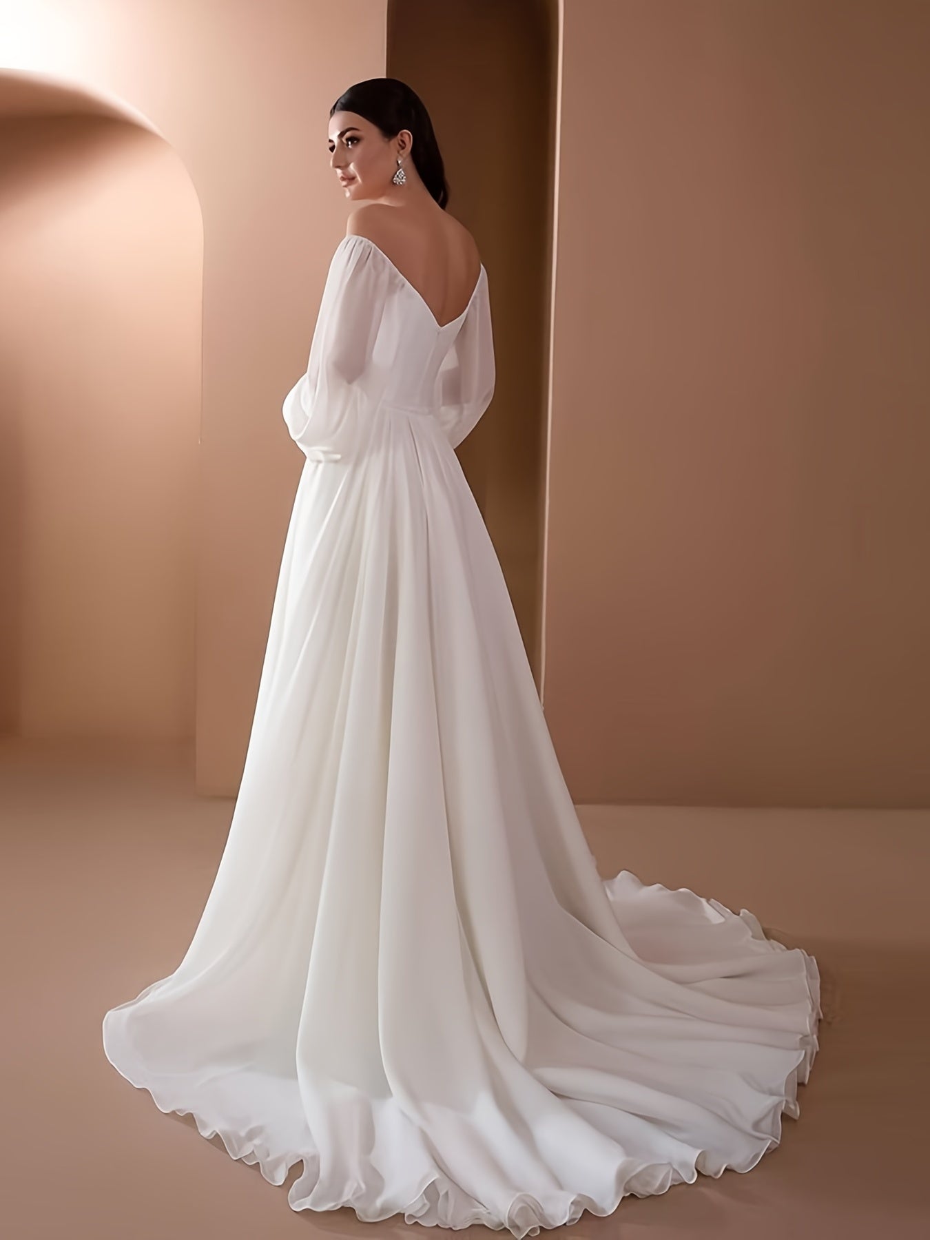 Off Shoulder Gown Wedding Dresses Ruched High Waist Dress