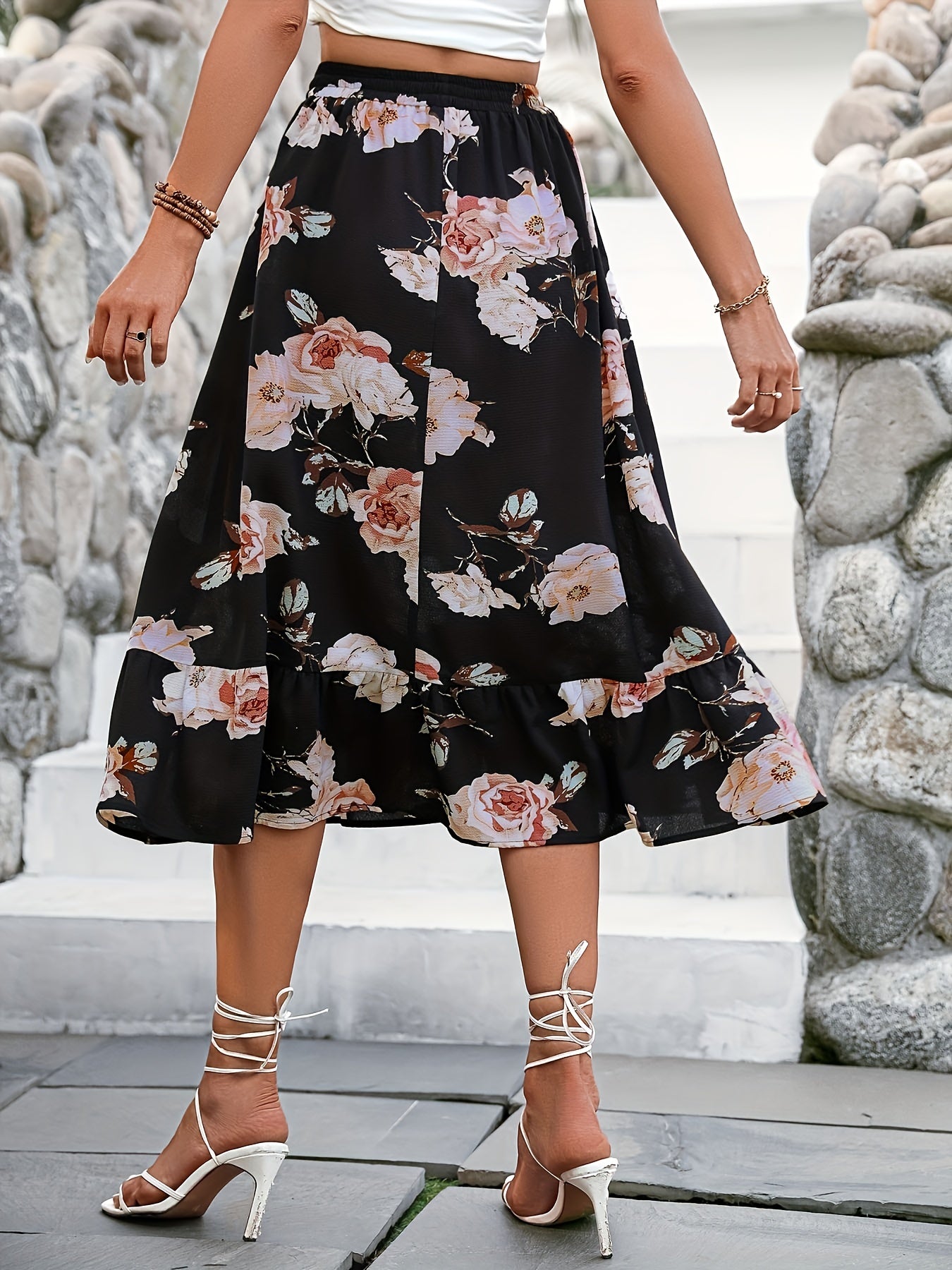 Floral Print Elastic Waist Skirt for Women