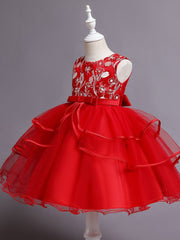 Girls Sleeveless Flower Embroidery Mesh Princess Dress