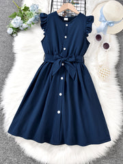 Girls Ruffled Sleeveless Dress with Bow Belt