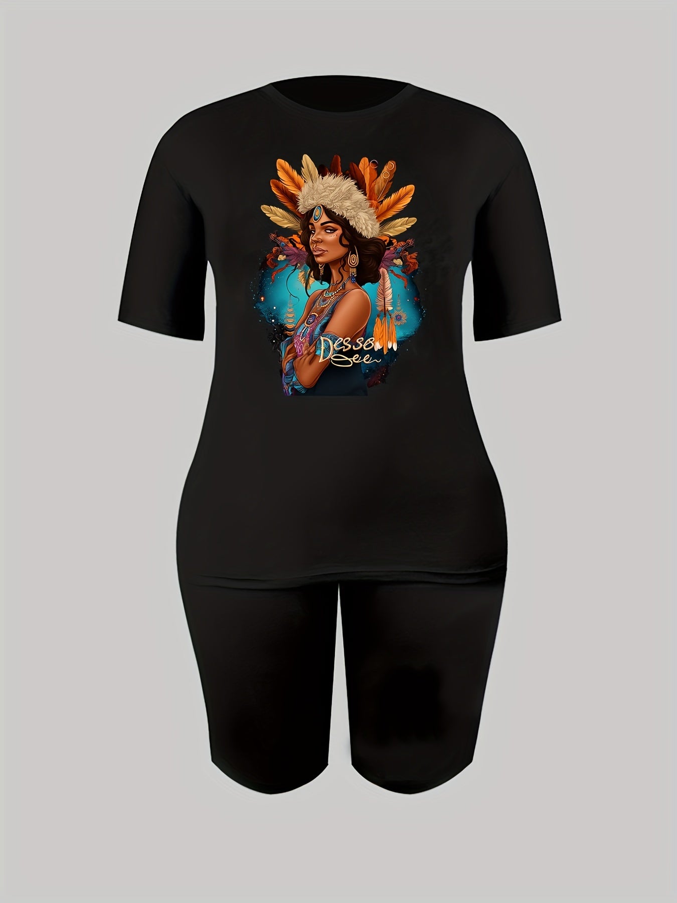 Figure Print Tee & Shorts Set Casual Outfit Women's Clothing