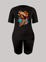Figure Print Tee & Shorts Set Casual Outfit Women's Clothing