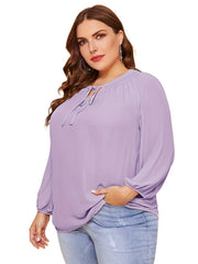 Solid Lantern Sleeve Lace Up Tunic Shirt
