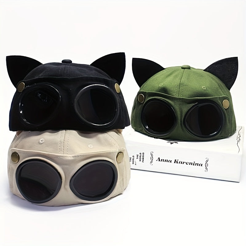 Cat Ears Aviator Glasses Baseball Cap Unisex Retro Style Pilot Hat