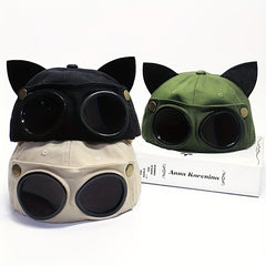 Cat Ears Aviator Glasses Baseball Cap Unisex Retro Style Pilot Hat