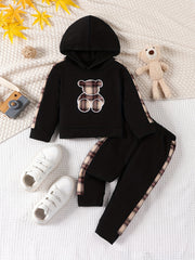 2pcs Baby Bear Plaid Patched Embroidered Hoodie Trousers Set