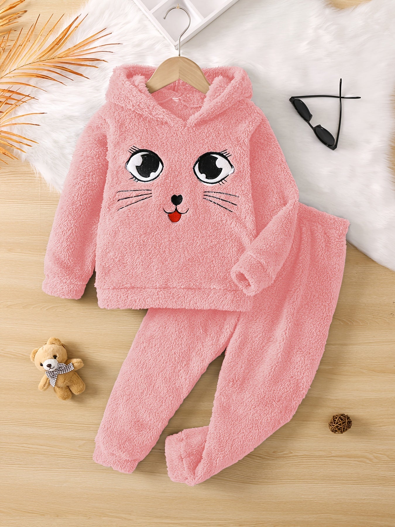 Girls Cartoon Fleece Hooded Sweatshirt & Pants Set