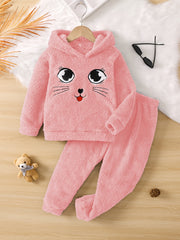 Girls Cartoon Fleece Hooded Sweatshirt & Pants Set