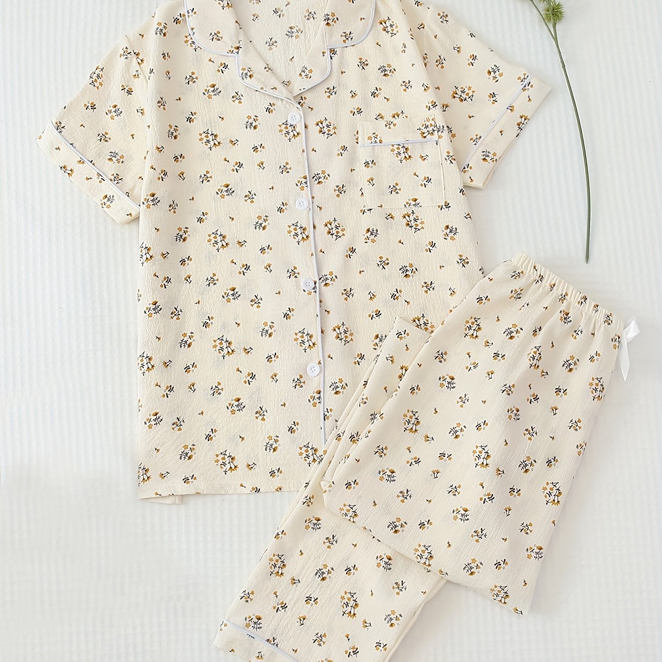 Floral Print Pajama Set Short Sleeve Top & Pants