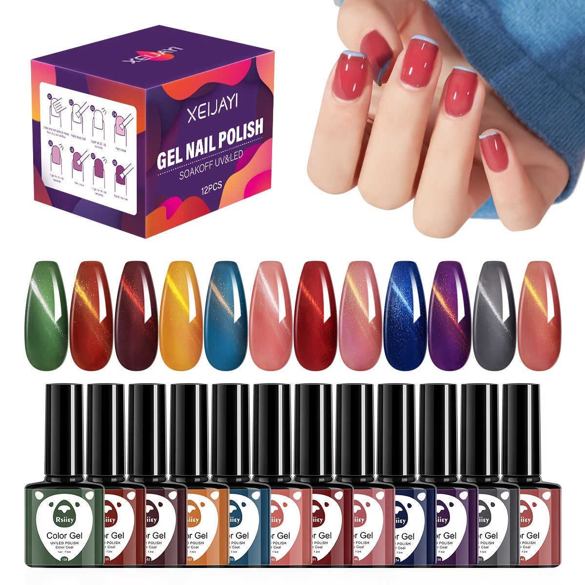 Gel Nail Polish Starter Kit 12 Colors - Cat Eye Gel Varnish Set