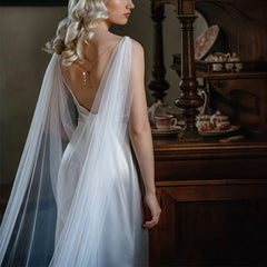Sheer Bridal Cape Long Soft Tulle Wedding Shawl for Boho Ceremony