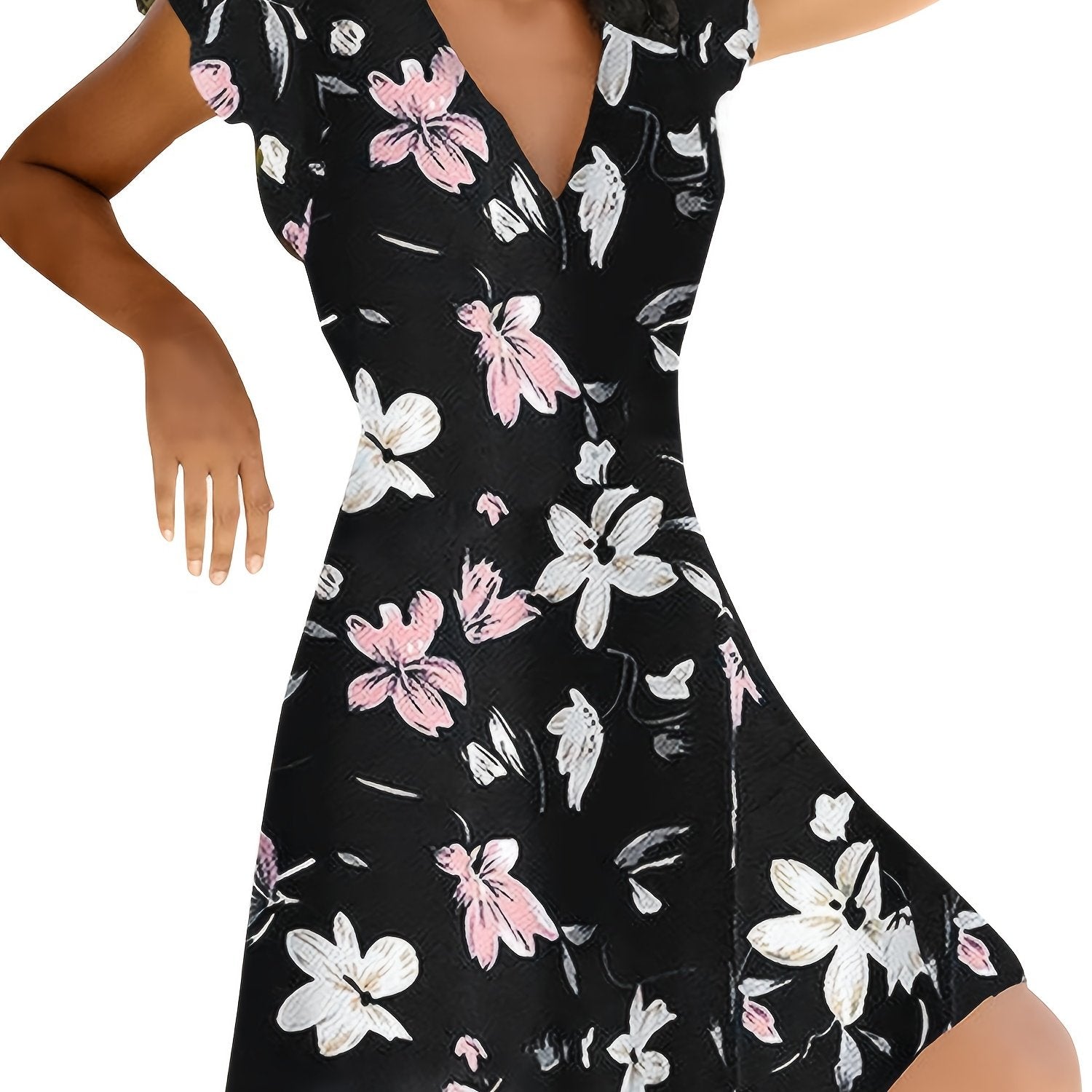 Floral Print V Neck Slim Dress Short Sleeve Casual Dress For Fall & Spring