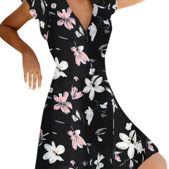 Floral Print V Neck Slim Dress Short Sleeve Casual Dress For Fall & Spring