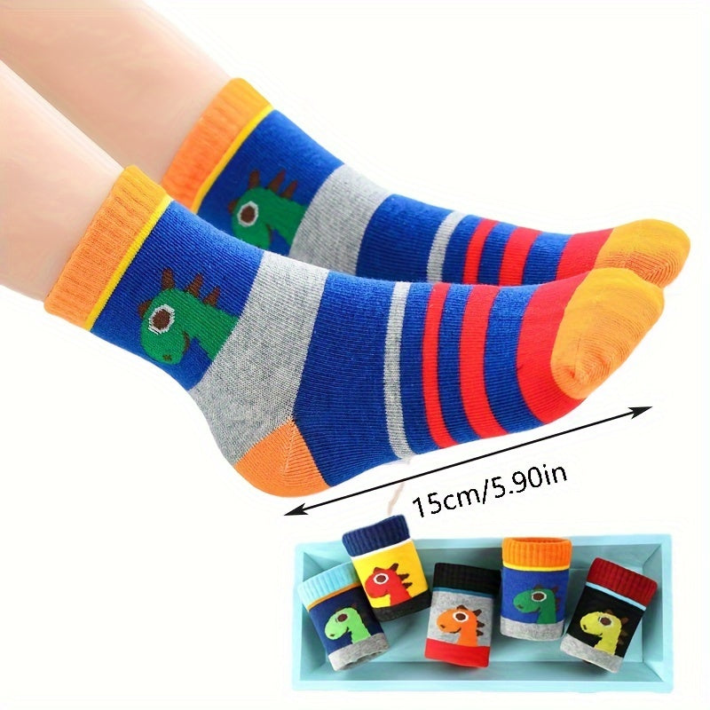 5 Pairs Boy's Cartoon Dinosaur Pattern Crew Socks - Unisex Outdoor Style