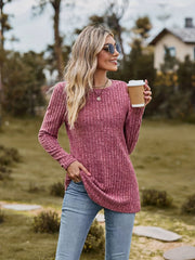 Solid Ribbed Long Sleeve Knit Top