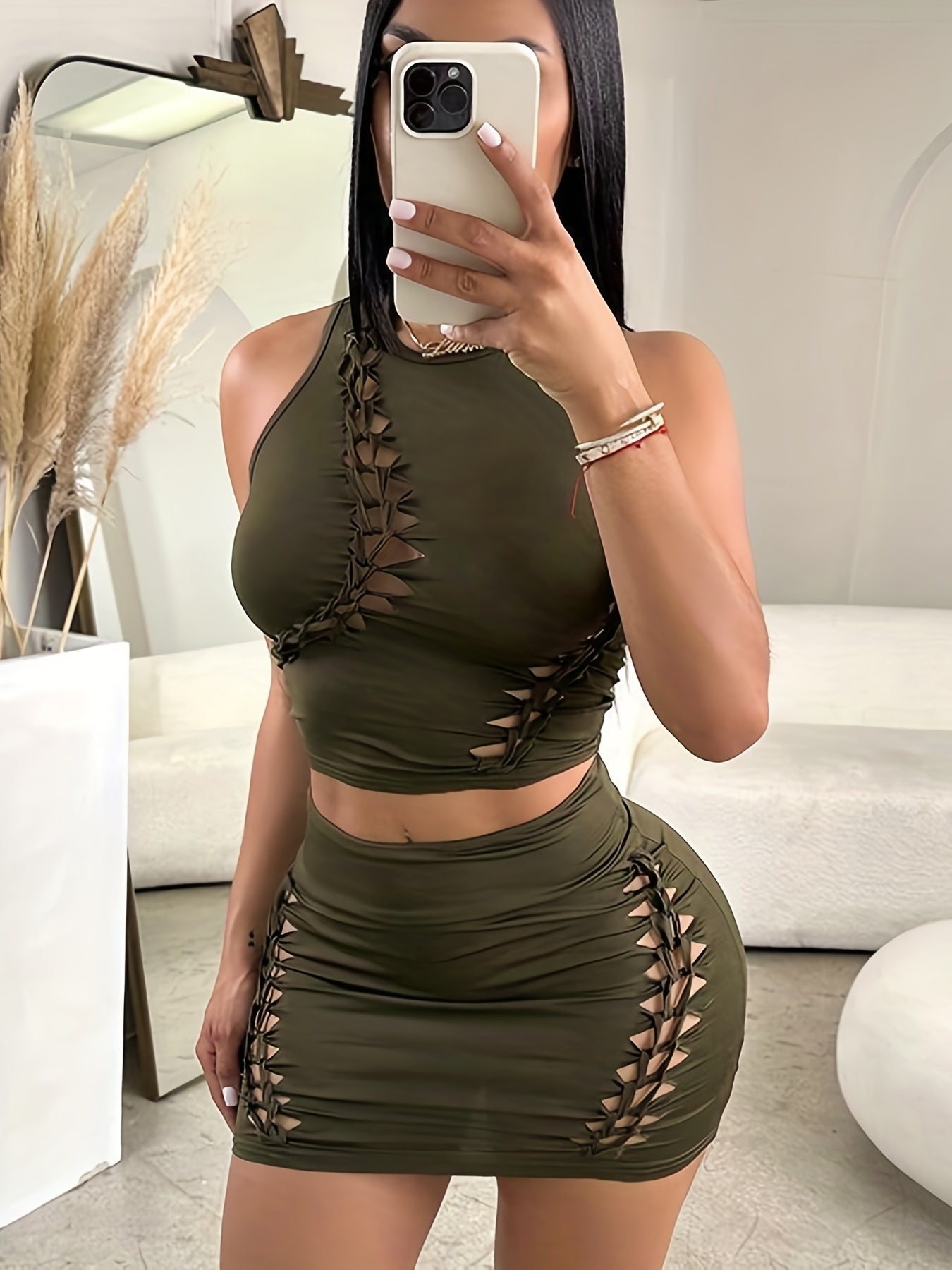 Sexy Cut Out 2pc Skirt Set Slim Tank Top & Bodycon Skirt Women's C