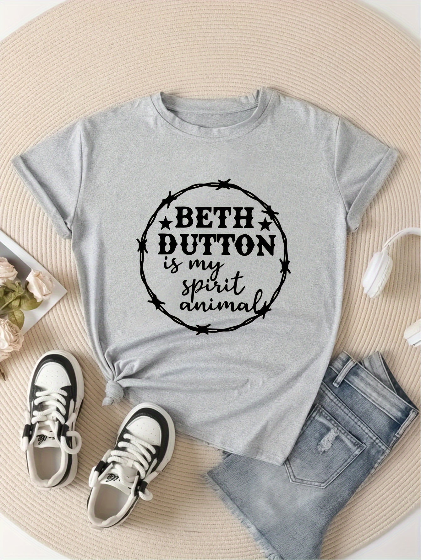 Printed Round Neck T shirt Short Sleeves Activewear