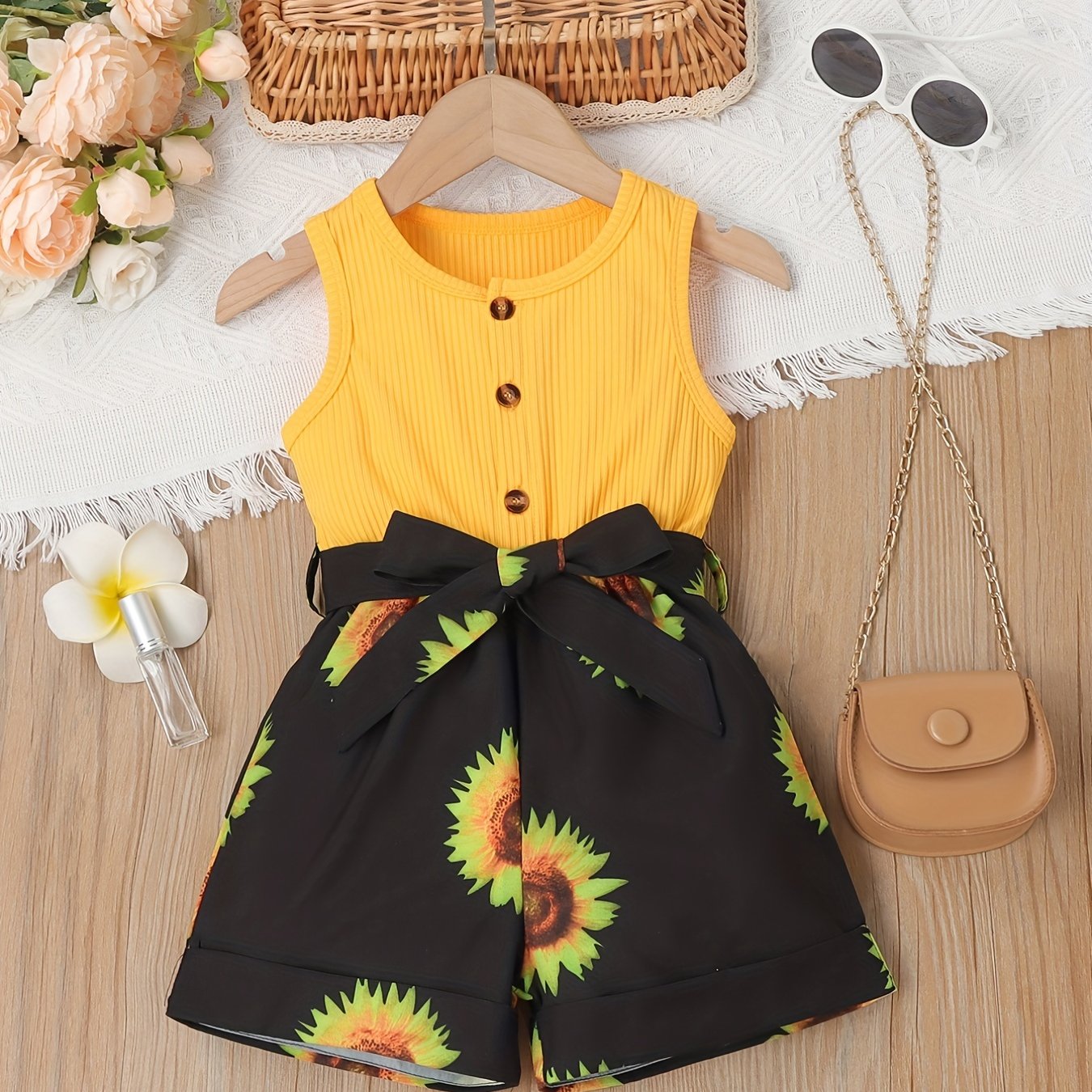 Girls Sunflower Pattern Sleeveless Casual Romper Jumpsuit with Belt