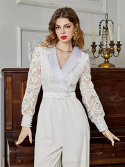 Lace Long Sleeve Tie Waist Jumpsuit Wide Leg